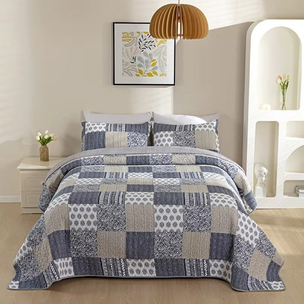 Patchwork-Tagesdecke in Blau und Weiß, 3-teilig