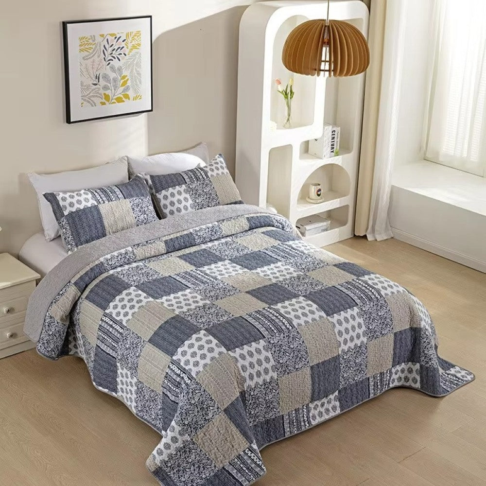 Patchwork-Tagesdecke in Blau und Weiß, 3-teilig