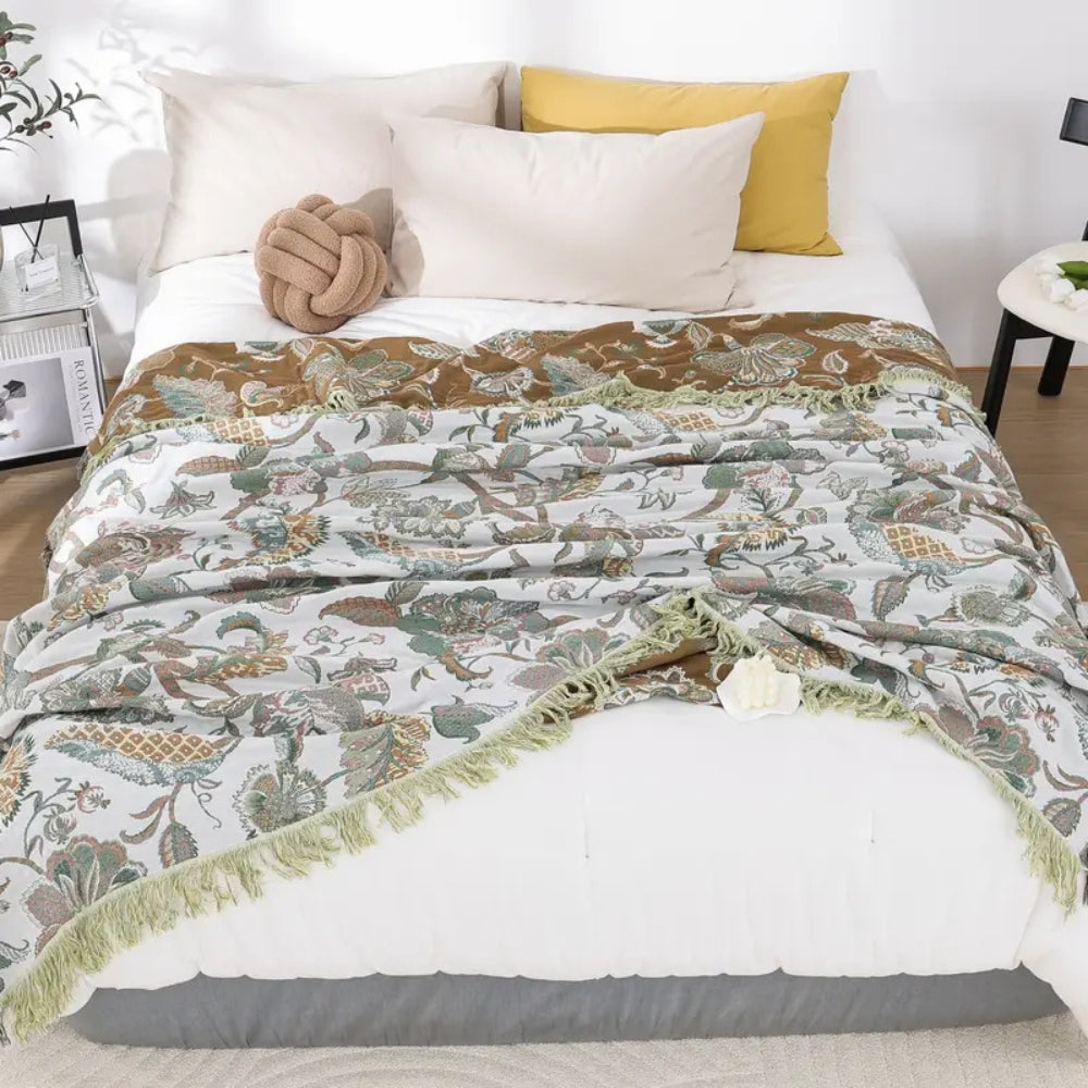 Jacquard-Baumwolldecke mit Blumenmuster und Quasten 200 x 230 cm