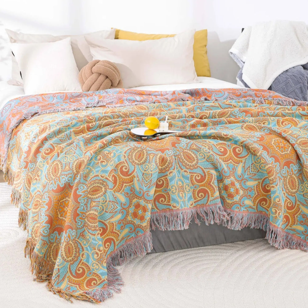 Wendbare Baumwolldecke mit Paisley-Muster und Quasten