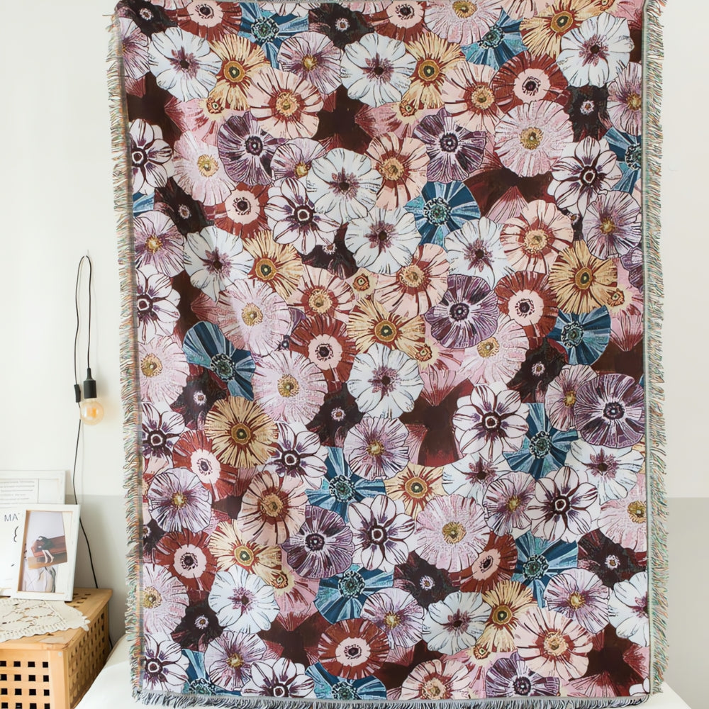 Vintage-gewebte Decke mit Blumenmuster und Quasten 130 x 180 cm