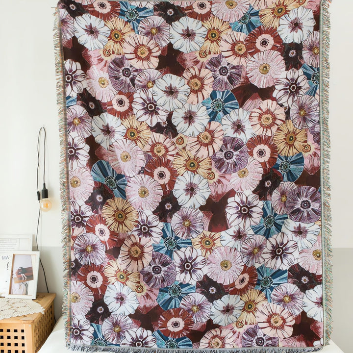 Vintage-gewebte Decke mit Blumenmuster und Quasten 130 x 180 cm
