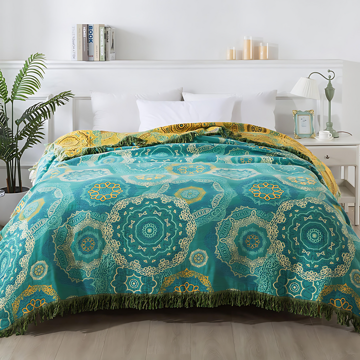 Baumwolldecke mit Mandala in Petrolblau 200 x 230 cm