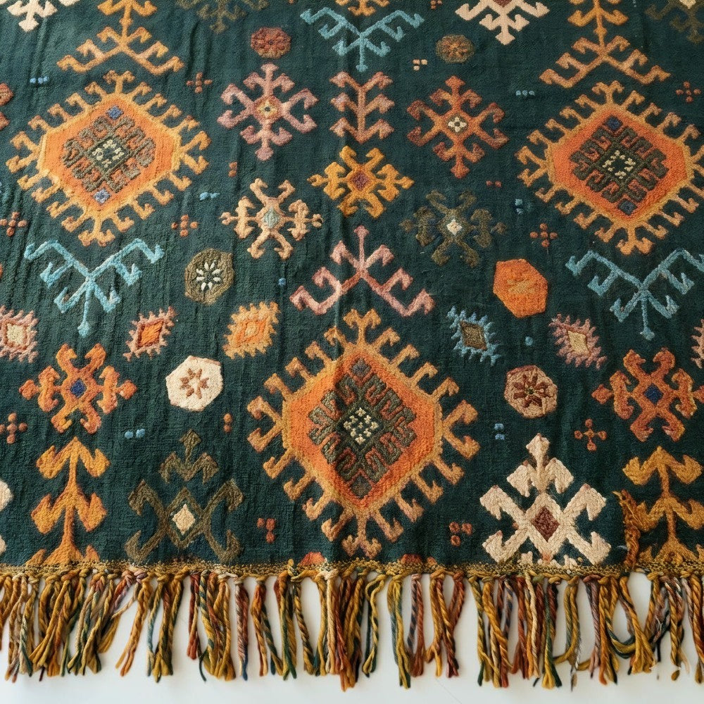 Ethno-Baumwolldecke mit geometrischem Muster und Fransen
