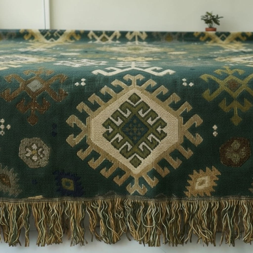 Ethno-Baumwolldecke mit geometrischem Muster und Fransen