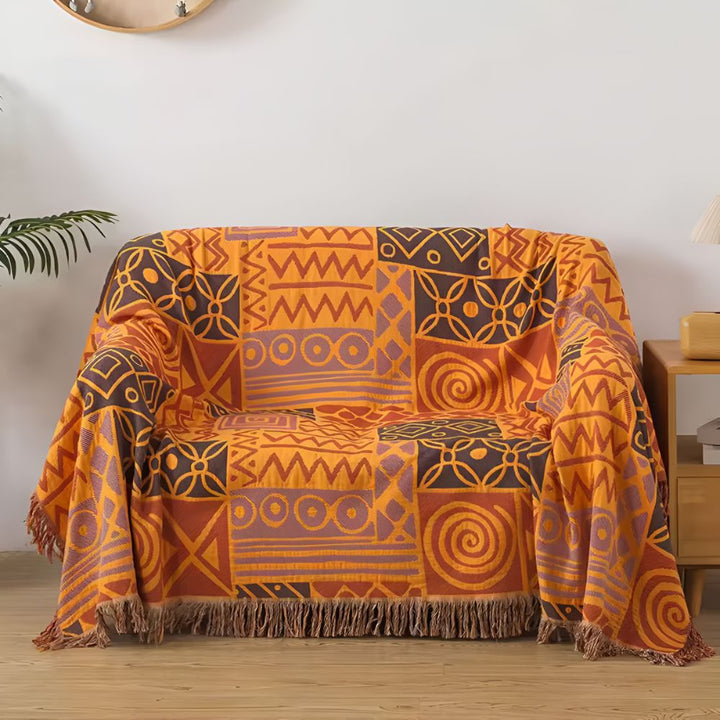 Wende-Tagesdecke aus Baumwolle im Ethno-Patchwork mit Fransen