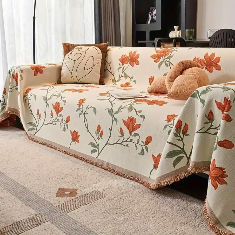Chenille-Sofaüberwurf mit Vintage-Blumen und Quasten