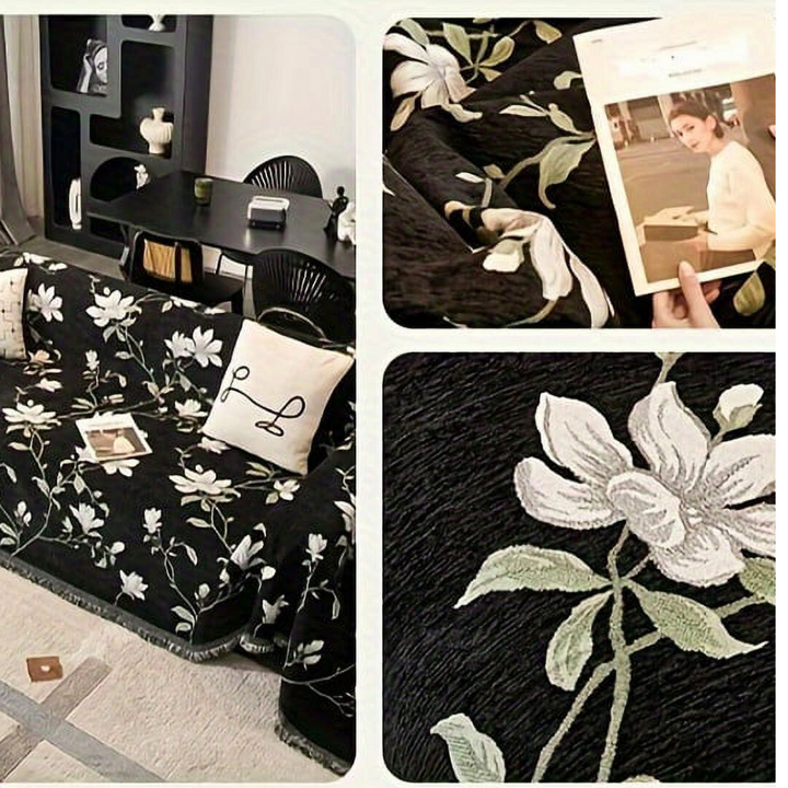 Chenille-Sofaüberwurf mit Vintage-Blumen und Quasten