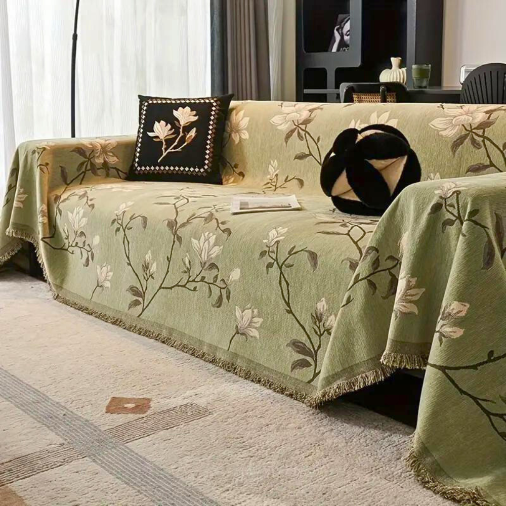 Chenille-Sofaüberwurf mit Vintage-Blumen und Quasten