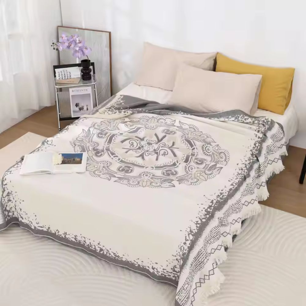Boho-Baumwolldecke mit Mandala und Fransen