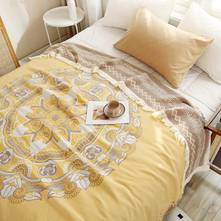 Boho-Baumwolldecke mit Mandala und Fransen