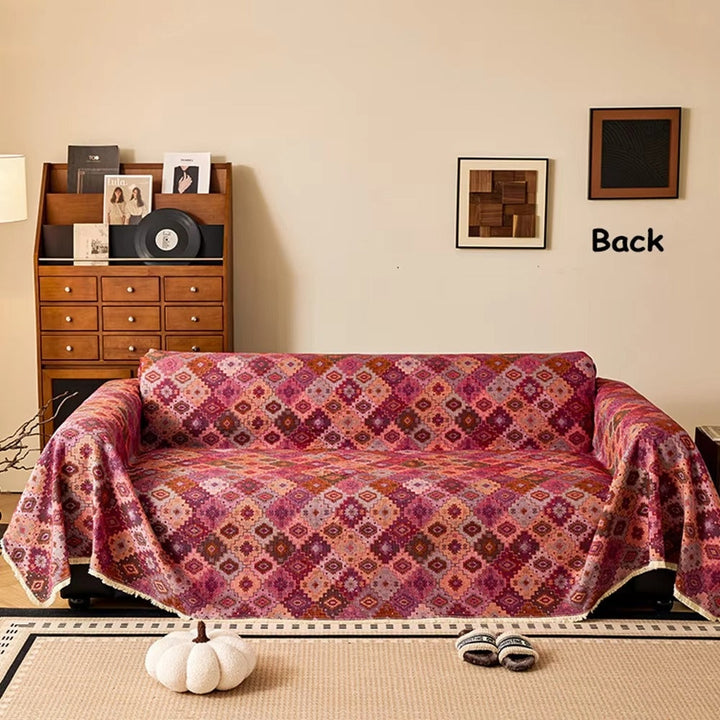 Sofaüberwurf mit Kelim-Muster und Fransen