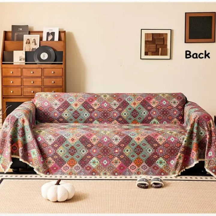 Sofaüberwurf mit Kelim-Muster und Fransen