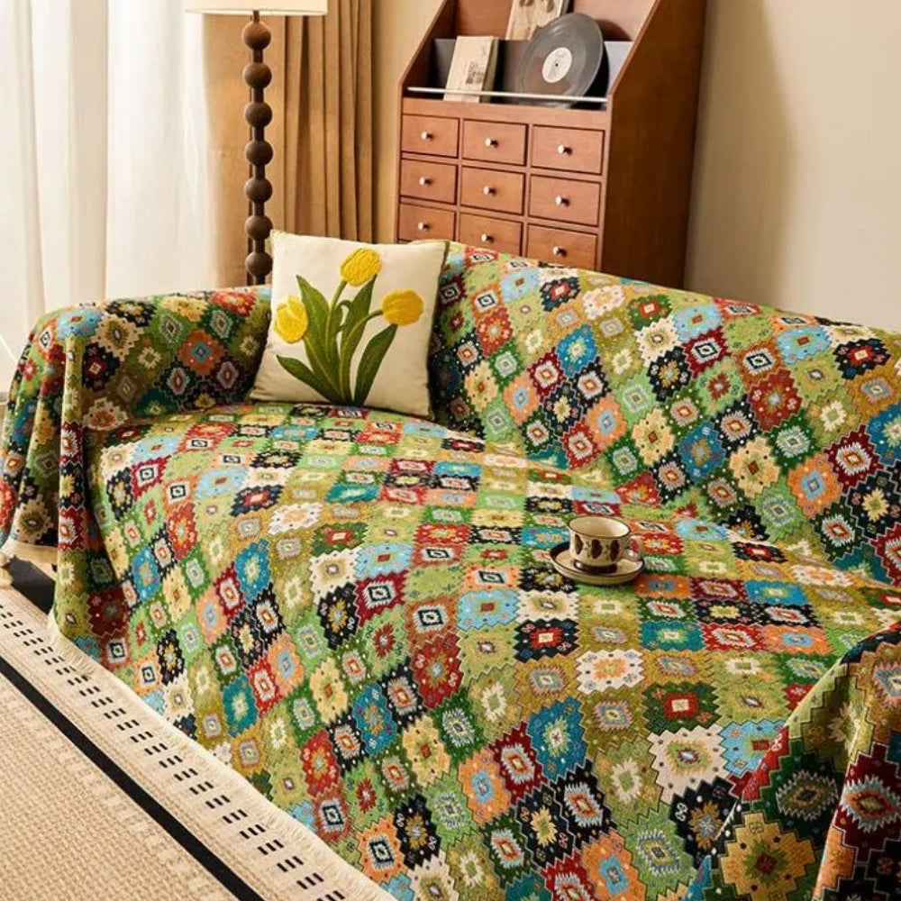 Sofaüberwurf mit Kelim-Muster und Fransen