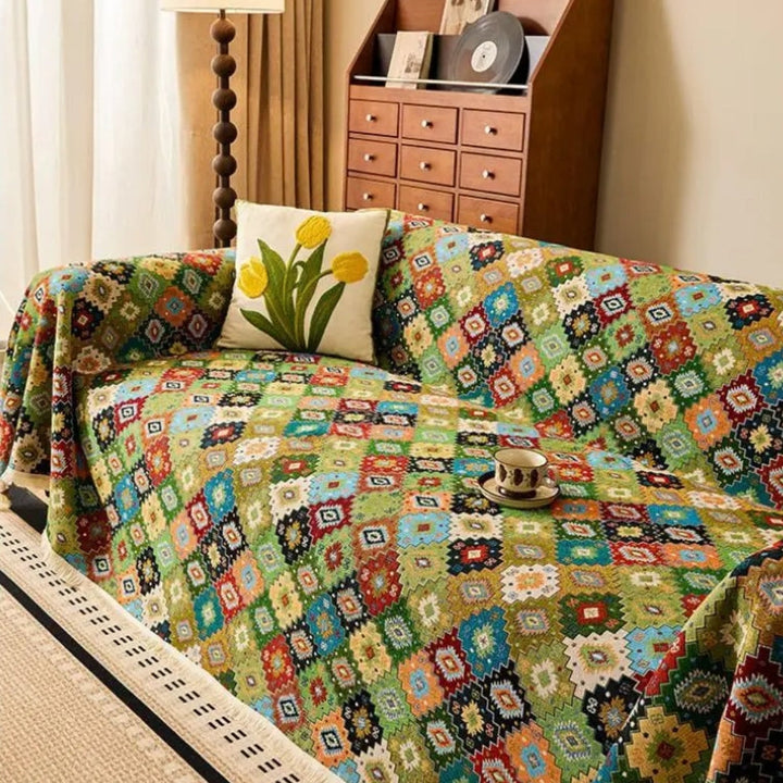 Sofaüberwurf mit Kelim-Muster und Fransen