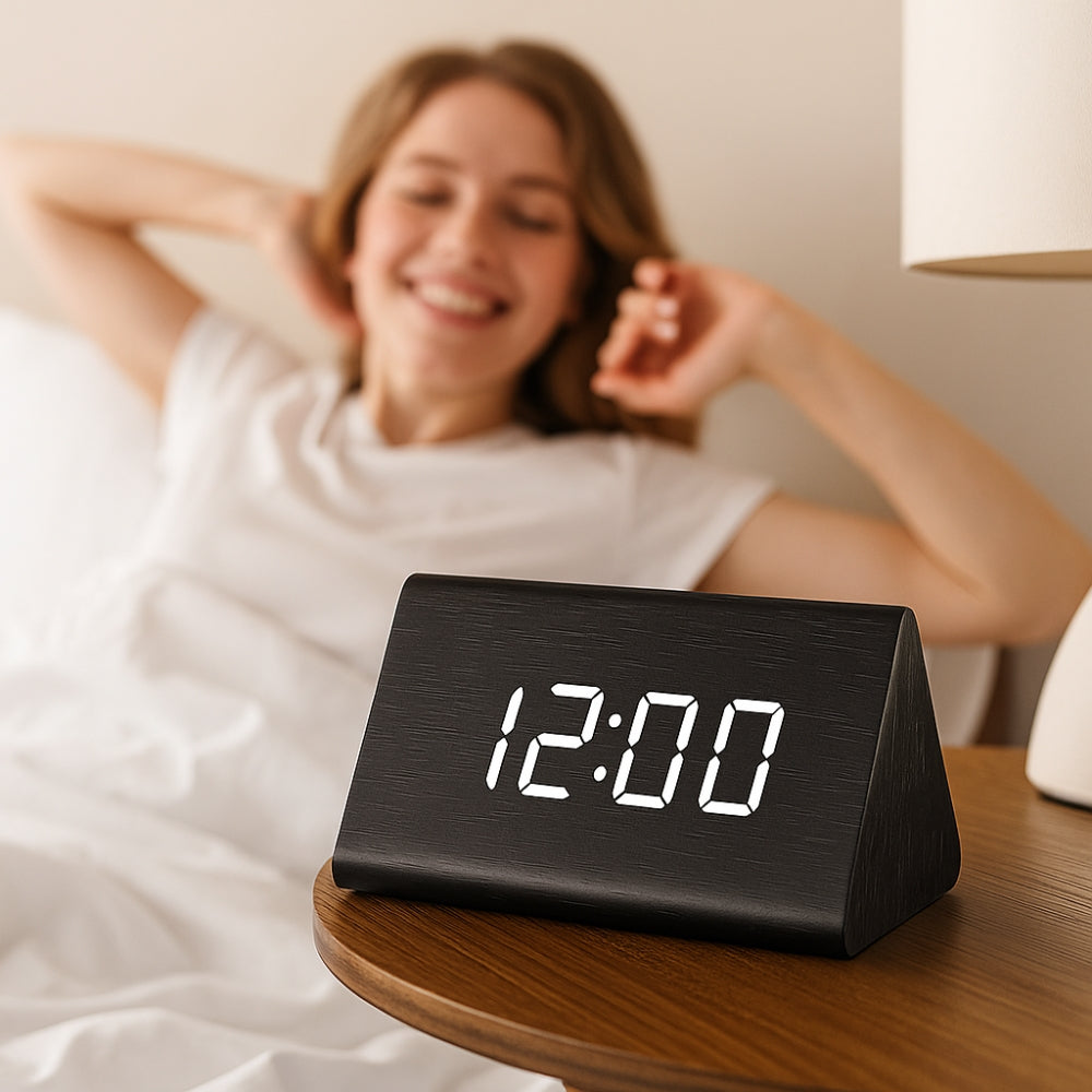 Digitaler LED-Wecker in Holzoptik