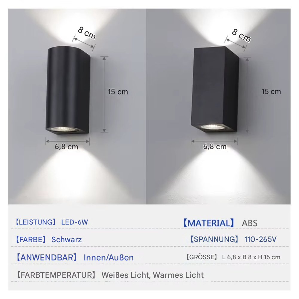 LED Wandleuchte Up & Down 6W – Moderne Innen- & Außenwandleuchte Schwarz, Warm- oder Weißlicht, 110–265V