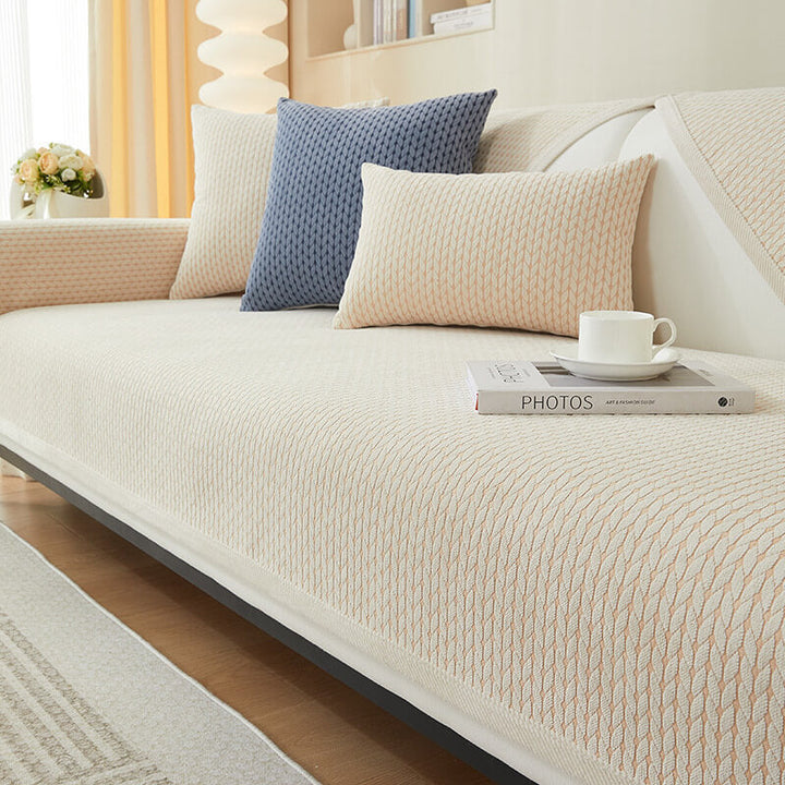 Wasserabweisender Chenille-Sofabezug mit Fischgrätstruktur – Beige