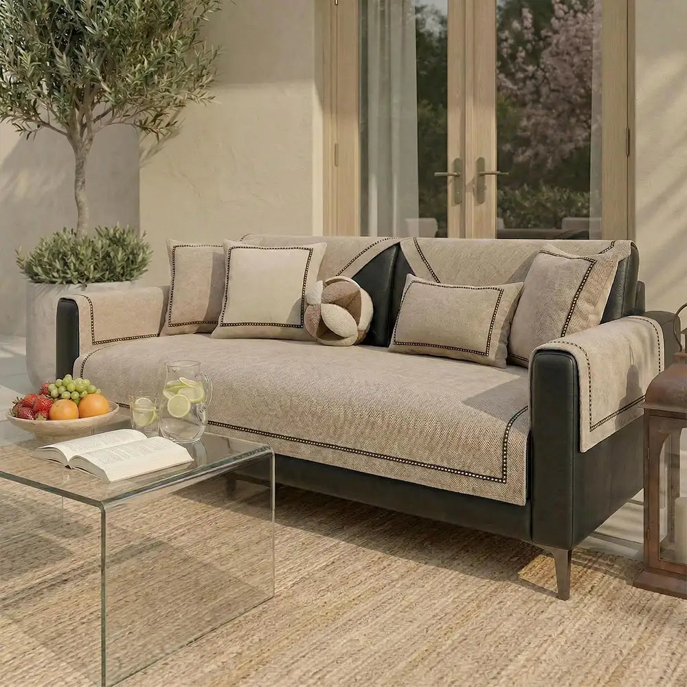 Wasserabweisender Chenille-Sofabezug mit Rillenstruktur – Sandbeige