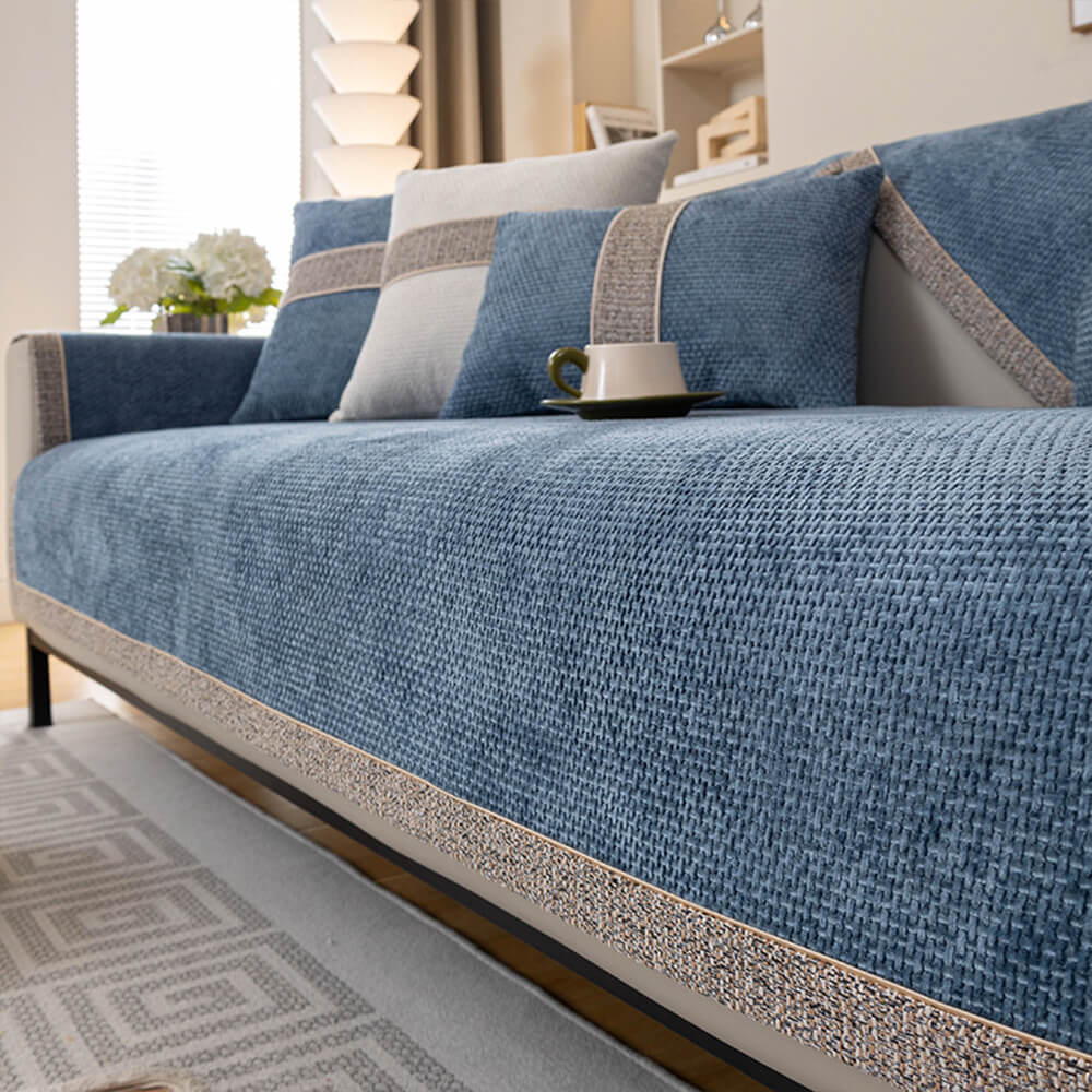 Moderner Chenille-Sofabezug in Tweed-Optik, rutschfest – Blau