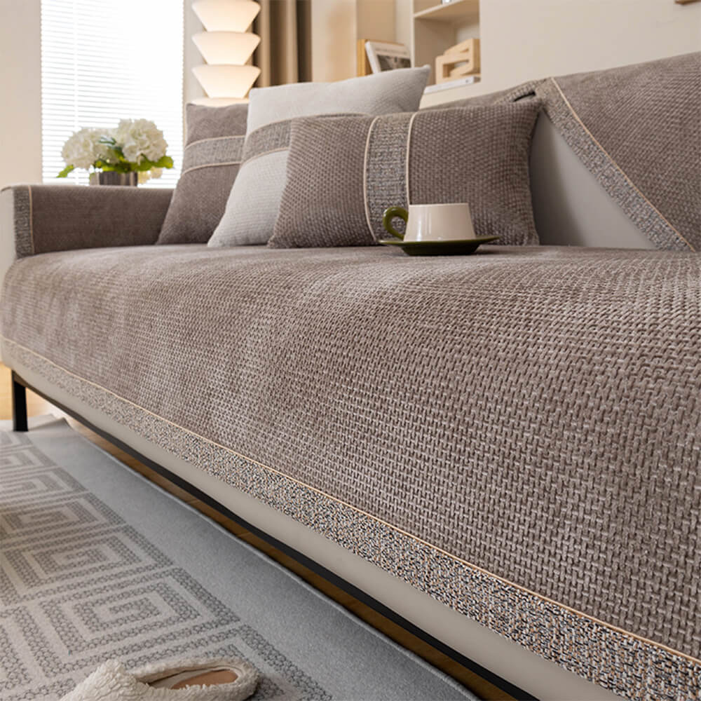 Moderner Chenille-Sofabezug in Tweed-Optik, rutschfest – Mokka