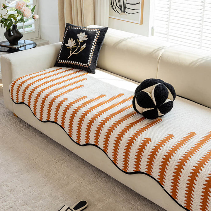 Chenille-Sofabezug mit Zickzackstreifen und Wellenkante – Orange