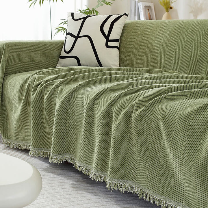 Chenille-Sofaüberwurf mit Fischgrätmuster und Fransen – Grün