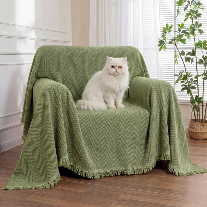 Chenille-Sofaüberwurf mit Fischgrätmuster und Fransen – Grün