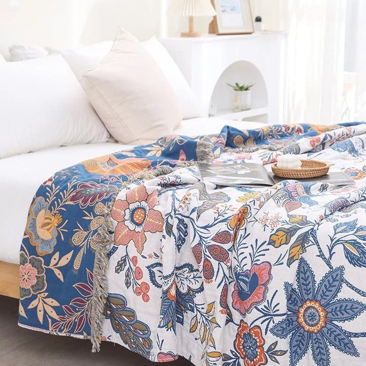 Rustikale florale Jacquard-Tagesdecke aus Baumwolle mit Quasten