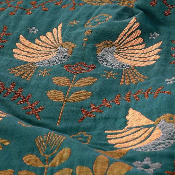 Baumwolldecke mit Vögeln, vier Garnlagen und Fransen