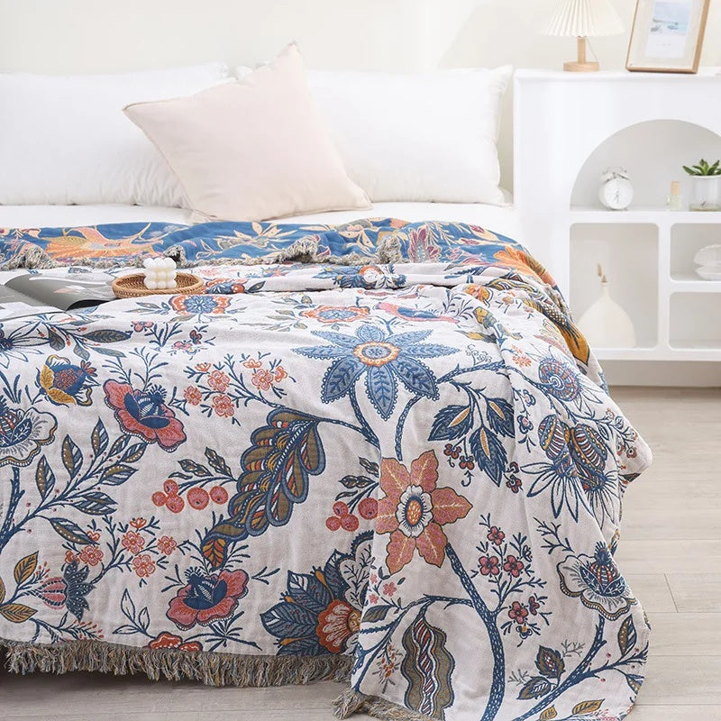 Rustikale florale Jacquard-Tagesdecke aus Baumwolle mit Quasten