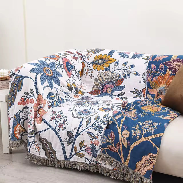 Rustikale florale Jacquard-Tagesdecke aus Baumwolle mit Quasten