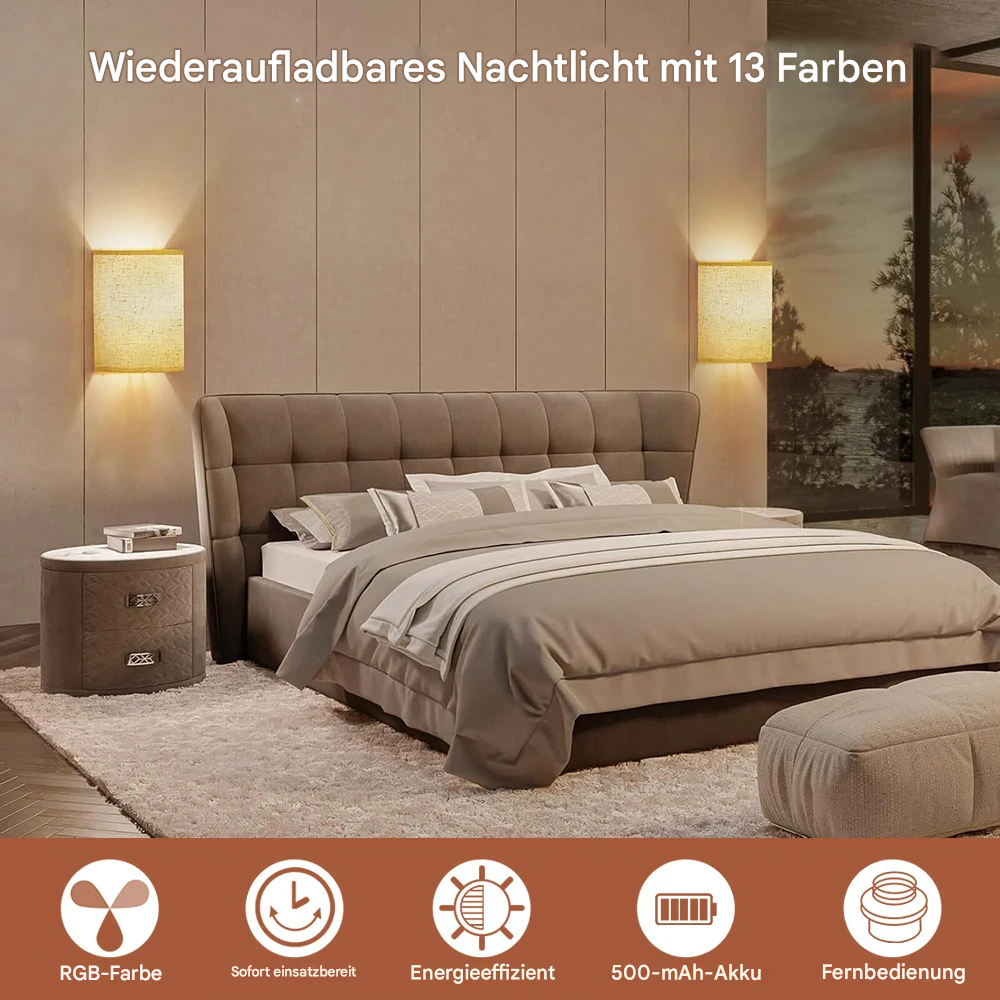 Kabellose LED Wandleuchte aus Stoff – RGB Wandlampe mit Fernbedienung, 13 Farben, Timer, dimmbare Ambientebeleuchtung Innen