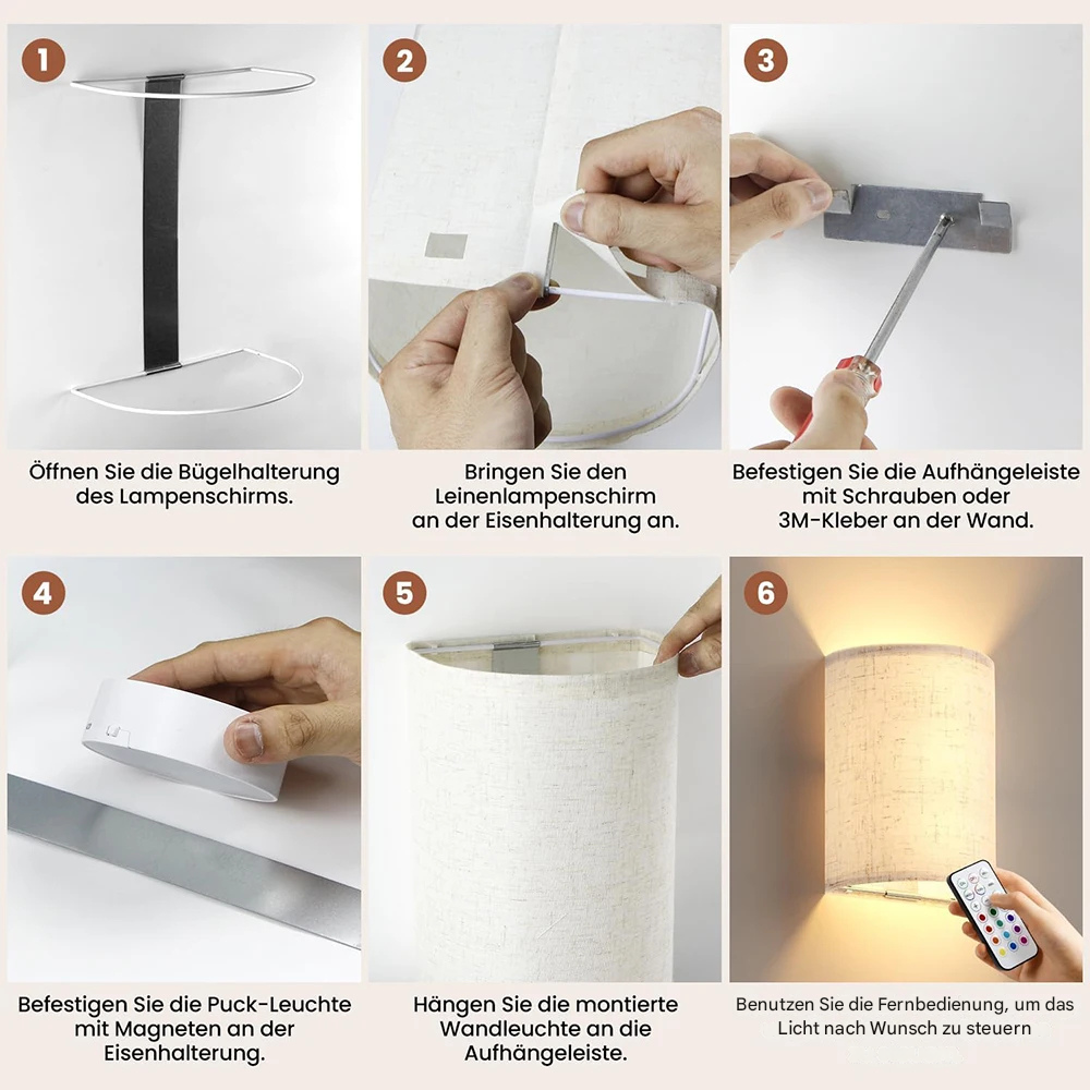 Kabellose LED Wandleuchte aus Stoff – RGB Wandlampe mit Fernbedienung, 13 Farben, Timer, dimmbare Ambientebeleuchtung Innen