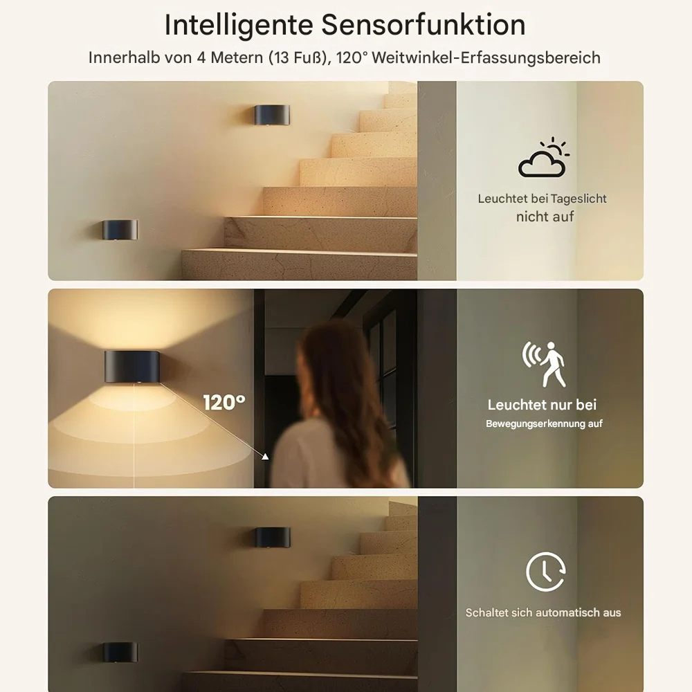 Kabellose LED Wandleuchte mit Bewegungsmelder – Wiederaufladbare Wandlampe Innen, 3 Lichtfarben, Fernbedienung, Nachtlicht für Flur, Treppe & Schlafzimmer (2er-Set)