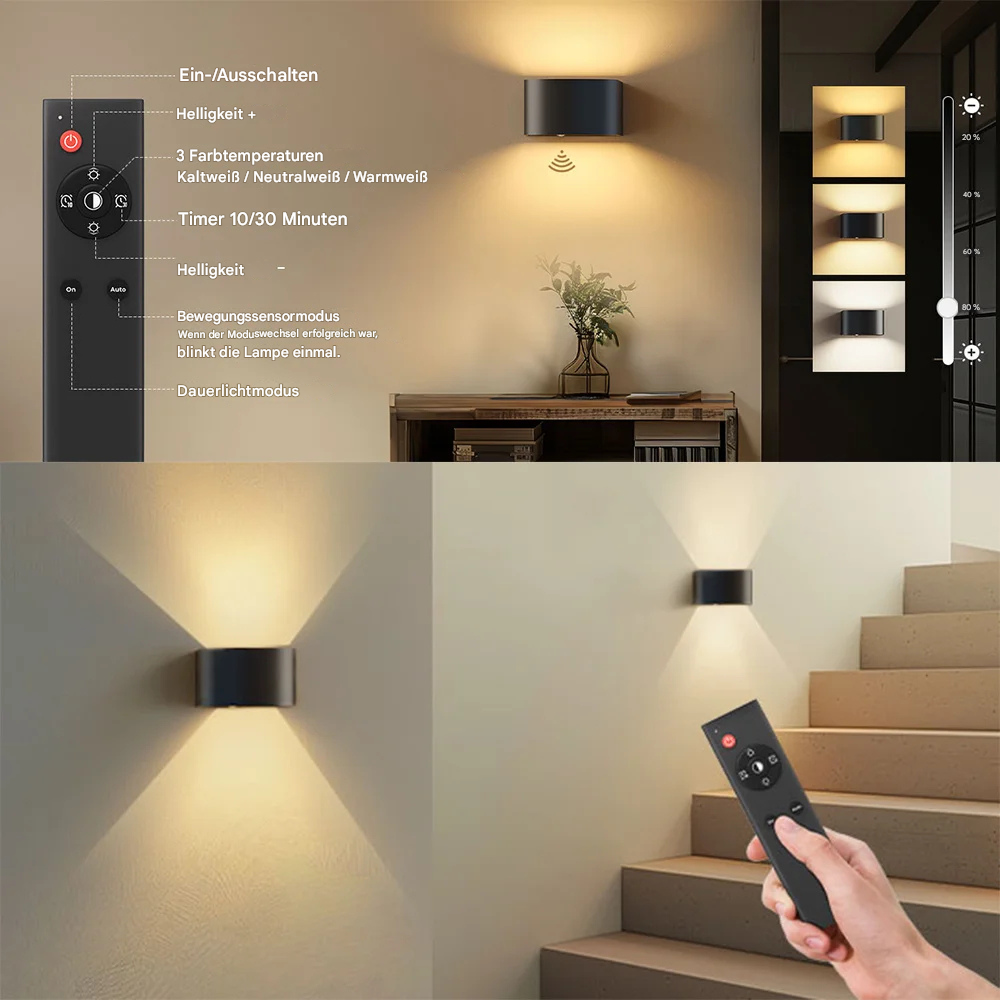 Kabellose LED Wandleuchte mit Bewegungsmelder – Wiederaufladbare Wandlampe Innen, 3 Lichtfarben, Fernbedienung, Nachtlicht für Flur, Treppe & Schlafzimmer (2er-Set)