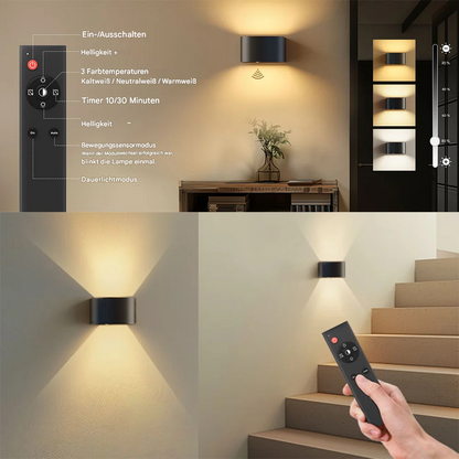 Kabellose LED Wandleuchte mit Bewegungsmelder – Wiederaufladbare Wandlampe Innen, 3 Lichtfarben, Fernbedienung, Nachtlicht für Flur, Treppe & Schlafzimmer (2er-Set)