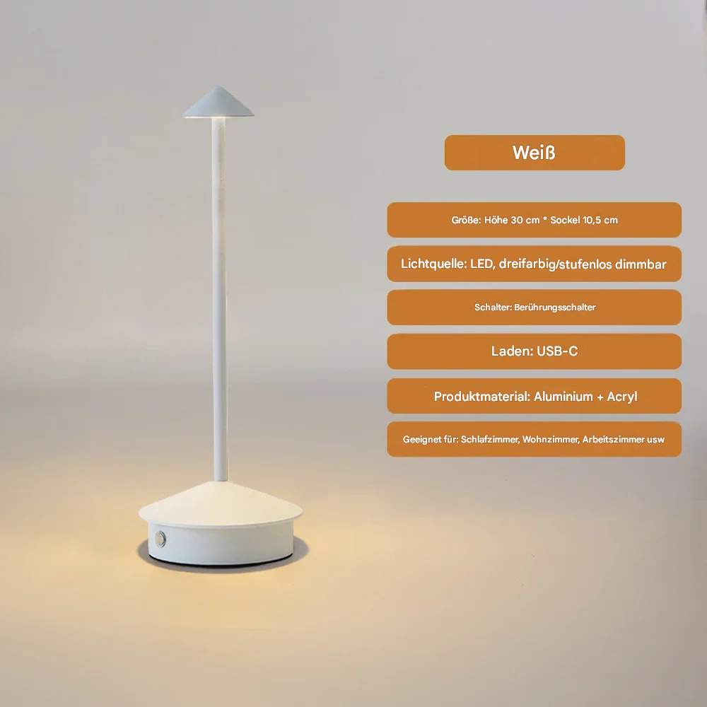 Kabellose LED Tischlampe dimmbar – Moderne Akku Tischleuchte mit Touch-Sensor, Warm-/Neutral-/Kaltweiß, USB-C, Aluminium Design
