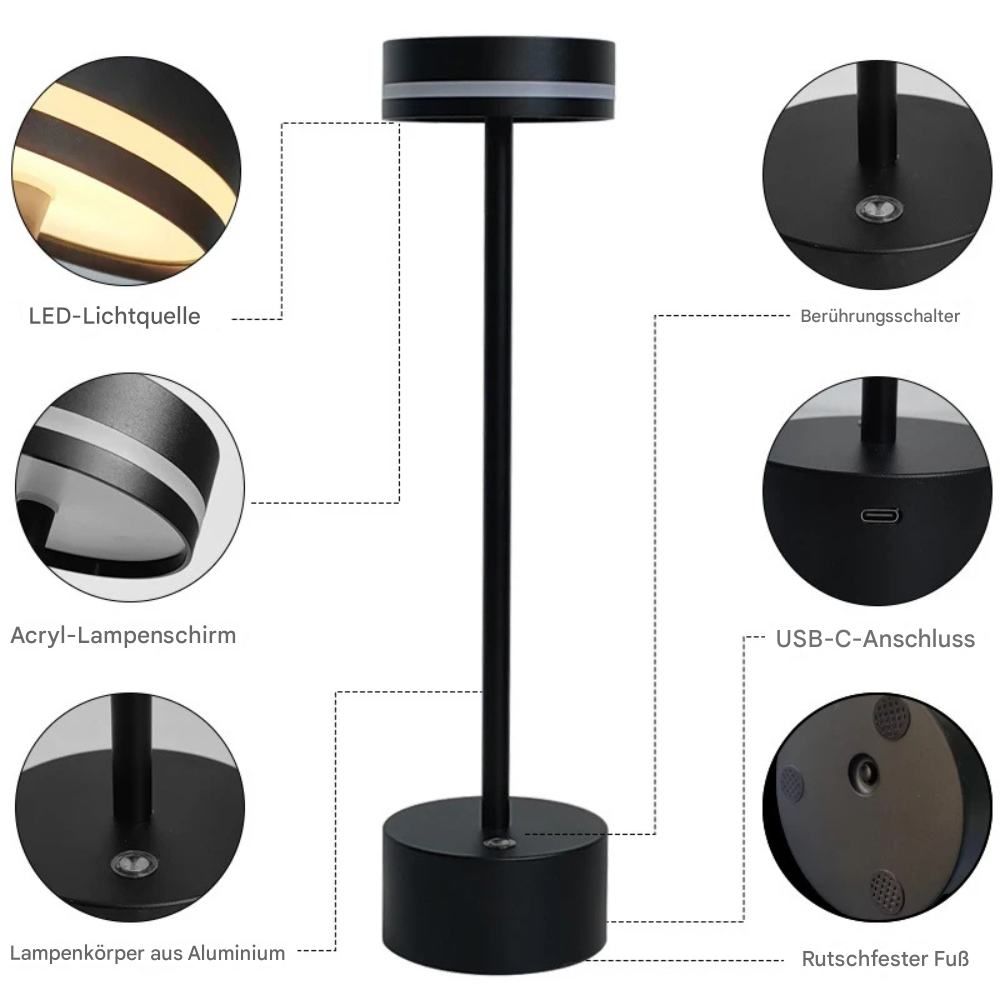 Kabellose LED Tischlampe mit Akku – Touch Dimmer, USB-C, Warm- & Neutralweiß, Moderne Design Tischleuchte für Wohnzimmer & Schlafzimmer