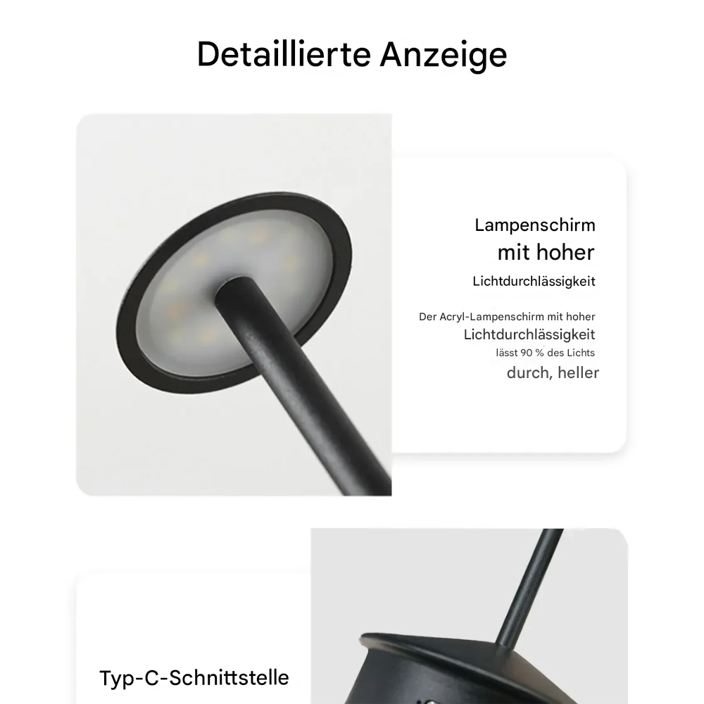 Kabellose LED Tischlampe dimmbar – Moderne Akku Tischleuchte mit Touch-Sensor, Warm-/Neutral-/Kaltweiß, USB-C, Aluminium Design