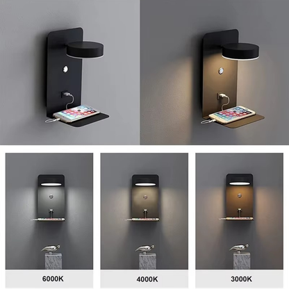 LED Wandleuchte mit USB-Port & Ablage – 3 Farbtemperaturen, Touch-Schalter, moderne Wandlampe fürs Schlafzimmer