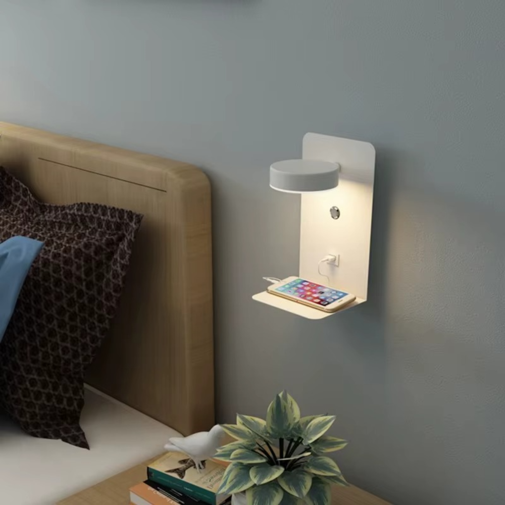 LED Wandleuchte mit USB-Port & Ablage – 3 Farbtemperaturen, Touch-Schalter, moderne Wandlampe fürs Schlafzimmer
